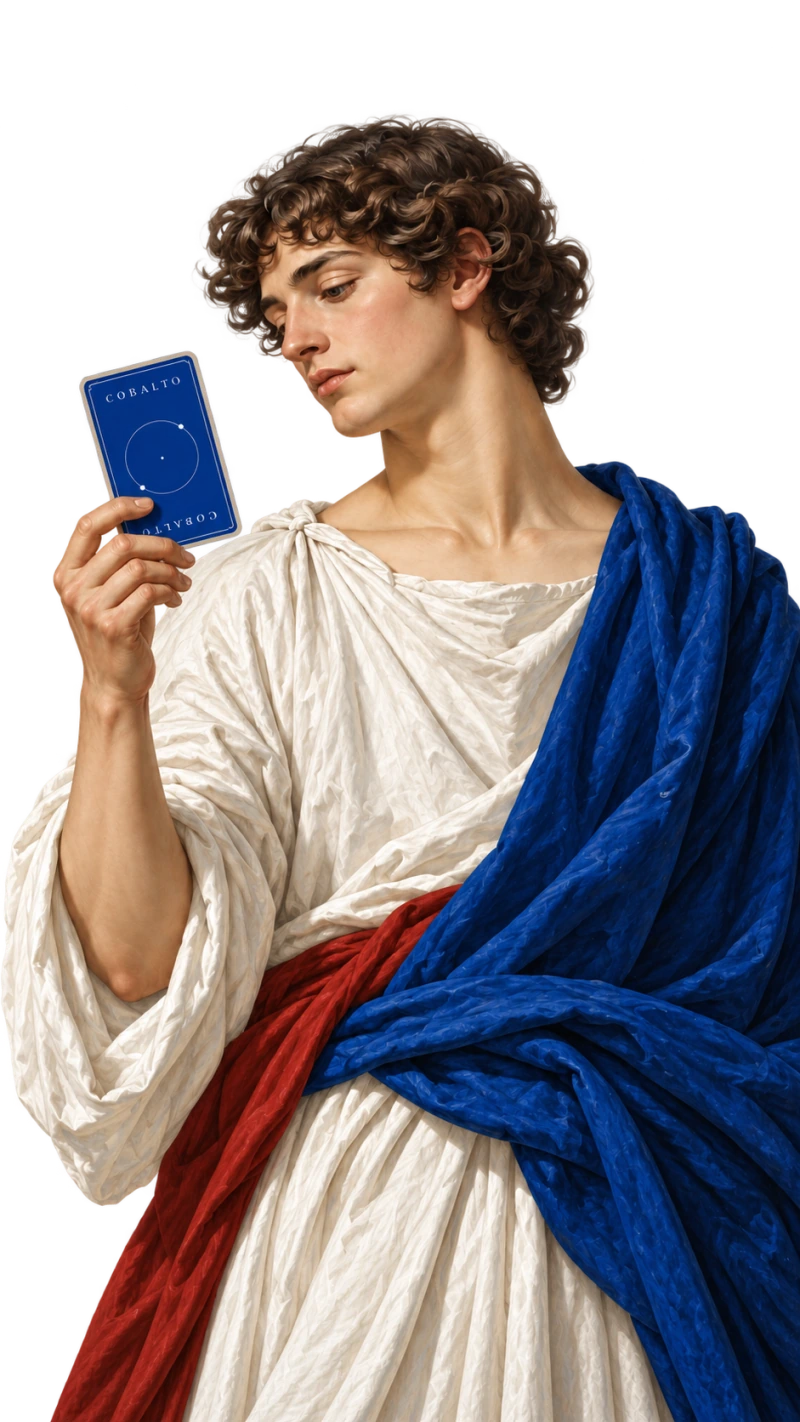 A Renaissance figure holding a Cobalto card